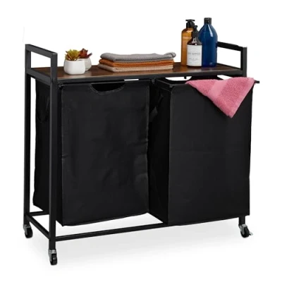 Imagen de Relaxdays Mueble para Ropa Sucia, 2 Cestos Extraíbles, Estantería Colada con Ruedas, Diseño Industrial, Negro y Marrón, Hierro, 74.5 x 80 33 cm