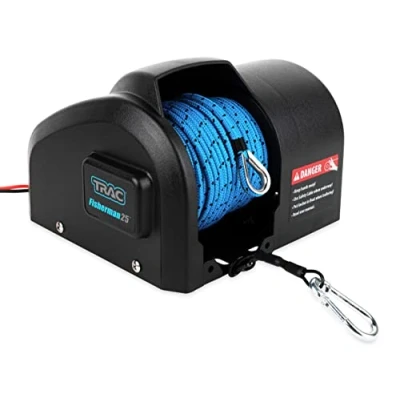 Imagen de Camco Trac Outdoors Fisherman 25 G3 Cabrestante de Anclaje eléctrico Anclajes hasta Libras Incluye 100 pies Cuerda preenrollada con Uso (69002), Color Negro