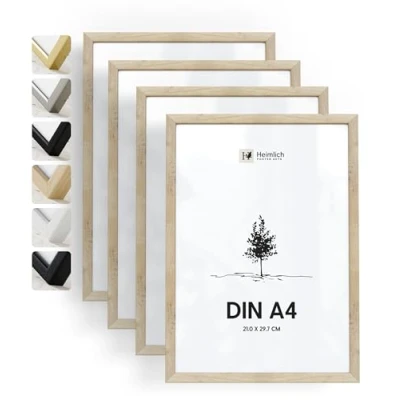 Imagen de Heimlich® Marco para fotos A4 21x30 cm, madera de roble, paquete 4 Marcos documentos, certificados y diplomas con cubierta plástico Montaje en pared o sobremesa