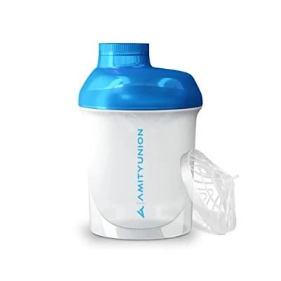 Imagen de AMITYUNION Protein Shaker White Blue Deluxe 400 ml Sin BPA con tamiz y escala para batidos cremosos de proteína suero leche Gimnasio Fitness Botella aislamientos refuerzo