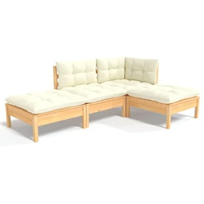 Imagen de vidaXL Muebles de Jardín 4 Piezas y Cojines Mobiliario Patio Terraza Exterior Hogar Sofá Silla Asiento Suave Robusto Crema Madera Maciza Pino