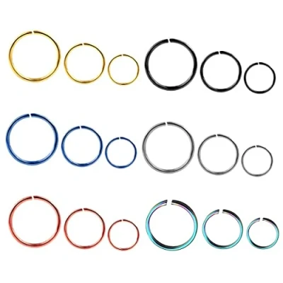 Imagen de Liuxn 18 Piezas de Aro Nariz Acero Inoxidable 20 Gauge Anillo Pendiente para Piercing Cuerpo, 6 Colores, 3 Tamaños