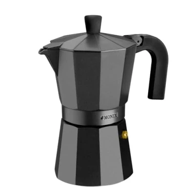Imagen de Monix M640009 Vitro Noir Cafetera Italiana de Aluminio 9 Tazas, Apta para Todo Tipo cocinas Salvo inducción, Color Negro