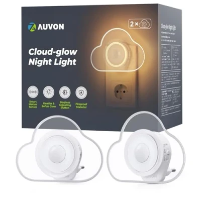 Imagen de AUVON Nubes Luz nocturna infantil con Sensor Movimiento, 2 Unidades Cálida LED 1 50 lm, Brillo Ajustable para Bebe Dormitorio Infantil, Baño, Cocina, Escalera