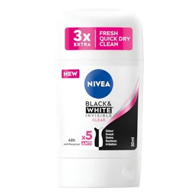 Imagen de NIVEA Black &amp; White Clear Antiperspirant Stick Desodorante Mujer Invisible and Clear, textura suave para una aplicación más suave, paquete de 2, 2 x 50 ml, protección 48H