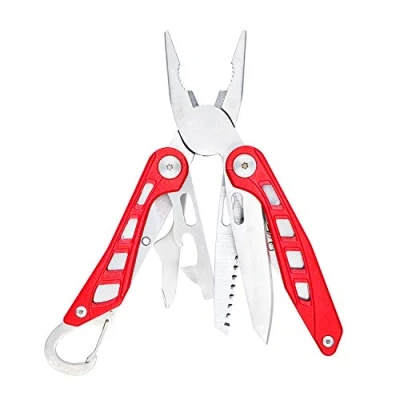 Imagen de Amazon Basics Herramienta multiusos de acero inoxidable 8 en 1, con bloqueo seguridad y funda nailon, Rojo