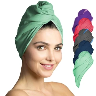 Imagen de Fit Flip Toalla Turbante para el Secado rápido de Cabello, Toallas Microfibra Ultra Absorbente Pelo, con botón 2 Piezas Turquesa
