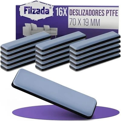 Imagen de Filzada® 16x Almohadillas de Teflón para Muebles autoadhesivo 70 x 19 mm (cuadrado) Deslizadores profesionales muebles/deslizadores alfombras PTFE (Teflón)