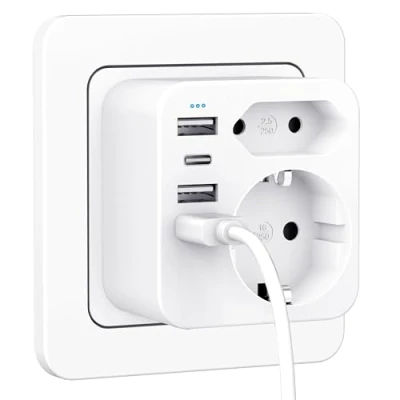Imagen de Regletas Enchufes, Enchufe múltiple con 1 Tipo C y 3 USB, Ladron Enchufes Plano de Pared Oficina, Cocina, Compatible iphone，Teléfono, USB