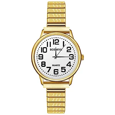 Imagen de JewelryWe Reloj Correa Elástica Mujer: Relojes Oro de Cuarzo Analógico Redondo para Señora Extensible Acero Inoxidable Esfera Numérica Grande Ocio Negocios Regalos