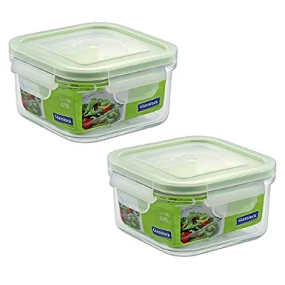 Imagen de GlassFood Juego de 2 Contenedores Cuadrados Glasslock 100% Herméticos en Vidrio Sódico Cálcico Templado Alta Dureza, Ecológico y Reciclable. Capacidad x 490ml