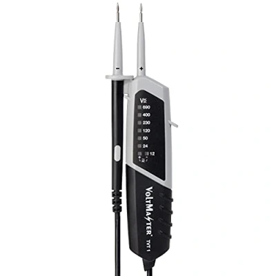 Imagen de Voltmaster TVT 1 comprobador de tensión bipolar CAT III 600 V con indicación por LEDs, para tensiones continuas y alternas (operación una mano, rango 12 690 CA/CC), negro/gris