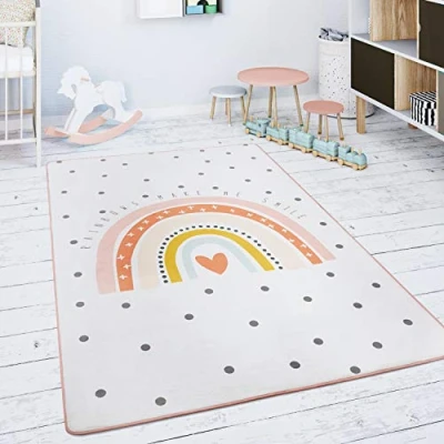 Imagen de Alfombra Infantil Habitación Juegos Bebé Arco Iris Corazón Crema Rosa, tamaño:155x230 cm