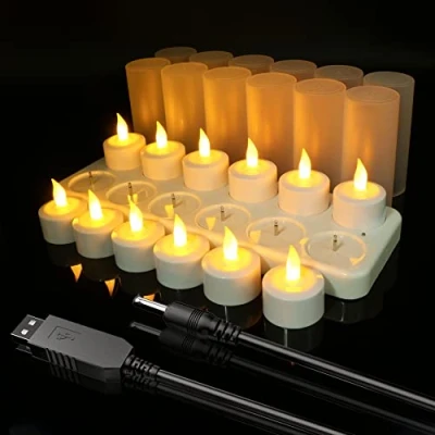 Imagen de Ymenow velas de té recargables por USB, 12 LED con batería sin llama estación carga, cable USB y vasos para el hogar, Acción Gracias, decoraciones Navidad