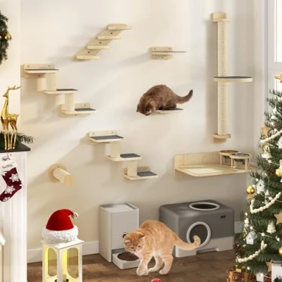 Imagen de YITAHOME Estante de Pared para Gatos trepadores 8 Piezas, Muebles Madera con Cuenco