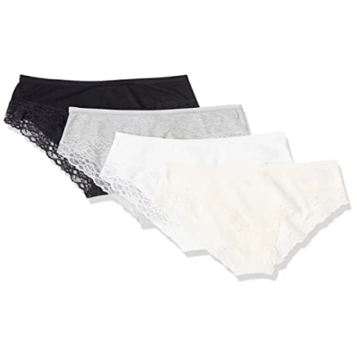Imagen de Amazon Essentials Braga Hípster de Algodón y Encaje Mujer, Pack 4, Blanco/Gris Jaspeado Claro/Negro, 42