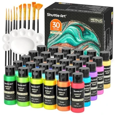 Imagen de Shuttle Art Pintura Acrílica Metalizada, 30 Colores (60ml) de Metálica con 10 Pinceles y 1 Paleta, Acrilicos para Pintar No Tóxicos, Acrilica Lienzo Tela Artista Principiante