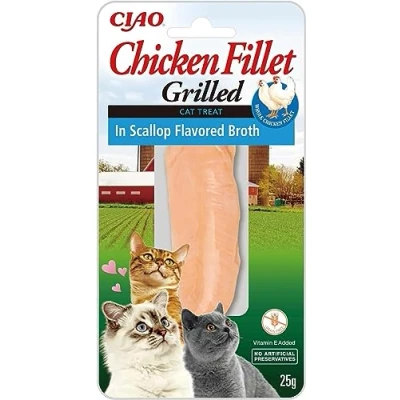 Imagen de INABA Filete de Pollo a la Parrilla Golosinas Caldo Sabor Vieira Snack Felino Rico en Antioxidantes para Gatos 1 25g