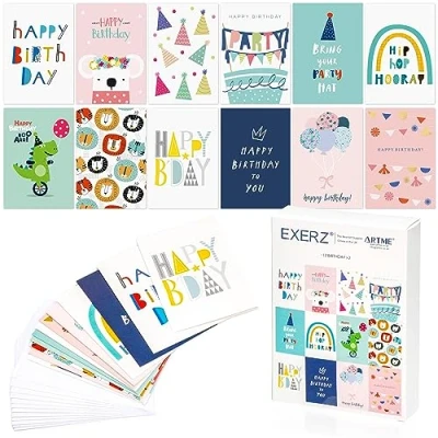 Imagen de Exerz Paquete múltiple de 24 tarjetas felicitación surtidas para cumpleaños 12 diseños x2 feliz cumpleaños. Adecuado niños y adultos, niñas.