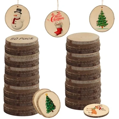 Imagen de Kurtzy Pack de 50 Rodajas Madera Natural Sin Acabado Trozo 3 5 cm Diámetro Tronco con Corteza Agujero para Manualidades, Decoración Navidad, Bodas