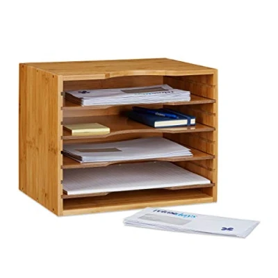 Imagen de Relaxdays Bandeja para cartas de bambú 26.5 x 33.5 24.5 cm sistema almacenamiento con 5 compartimentos, color natural