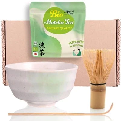 Imagen de Goodwei BIO Matcha Juego de té japonés orgánico Vert con batidor bambú, taza Tazón artístico Caja regalo (Shiro, sin Soporte Batidor)