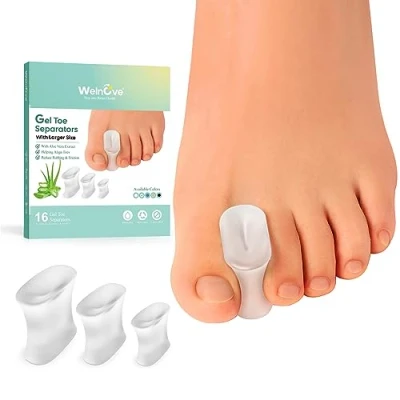 Imagen de Separadores de dedos gel mejorados Welnove Paquete 16 espaciadores silicona con extracto aloe vera para alisar superpuestos, juanetes y callos (3 tamaños)