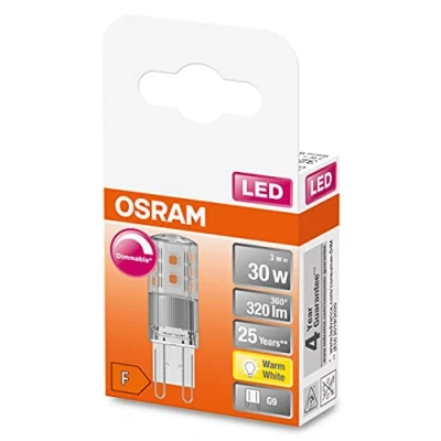 Imagen de OSRAM Lámpara LED PIN regulable con casquillo G9, blanco cálido (2700K), 350 lúmenes, cristal transparente, paquete múltiple