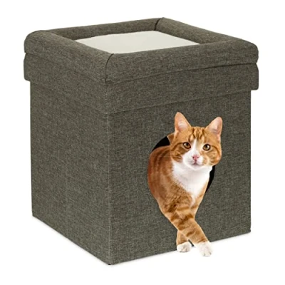 Imagen de Relaxdays Cama Cueva Gato con Taburete, Casa Gatito o Perro, 2 Pisos, Reposapiés Sofá, Plegable, 44 x 38 cm, Gris, Tablero de Fibras