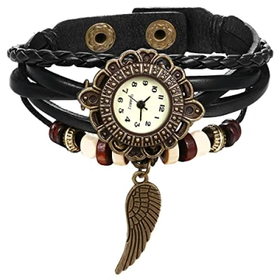 Imagen de JewelryWe Reloj de Hombre Mujer, Cuarzo Vintage étnico para Mujer con ala Colgante Multicapa Cuero Cuerda, Negro