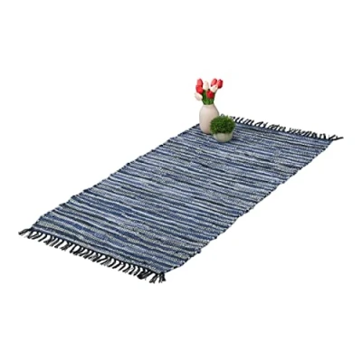 Imagen de Relaxdays retales Alfombra de Pasillo con Flecos, 70 x 140 cm, Algodón y Cuero, Antideslizante, Retazos, Azul, Piel auténtica