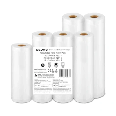 Imagen de Wevac Lite 6 Rollos Envasadora al Vacio, 1 Roll 15x300cm y 3 Rolls 20x300cm 2 28x300cm, Bolsas Para Envasar Vacio Alimentos für Lebensmittel, Geeignet für Alle Folienschweißgerät, BPA frei