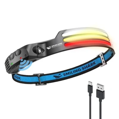 Imagen de Smiling Shark Linterna Frontal, 230Gran Angular 3* Tira de Luz LED Multicolor la Headlight Más Brillante Recargable con Sensor Movimiento Impermeable Camping Ciclismo, Head Lamp Cabeza Light