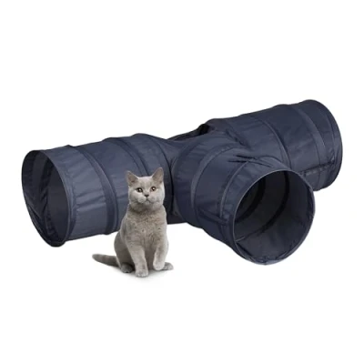 Imagen de Relaxdays Túnel para Gatos, Tubo Plegable, Poliéster, 25 x 86,5 53 cm, Juguetes Felinos, 3 Recorridos, Gris, 25x86,5x53 cm