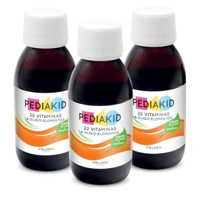 Imagen de PEDIAKID 22 Vitaminas y Oligoelementos Complemento alimenticio Optimiza el Consumo de Minerales Sabor Naranja Albaricoque Lote 3