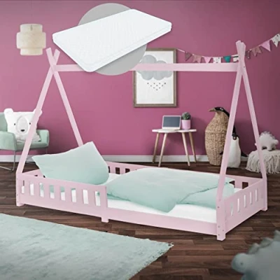 Imagen de ML Design Cama Infantil Tipi Rosa con Colchón De Espuma Fría 90x200 cm Protección Anticaída Somier Estructura Listones Madera Maciza Pino para Niñas Y Niños Forma Tienda Cuna Juvenil