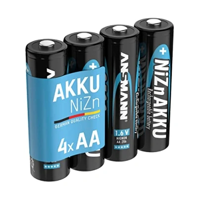 Imagen de ANSMANN Pack de 4 pilas recargables AA Níquel Zinc 1.6V y 2500mWh Sin efecto memoria Carga rápida Para aparatos alto consumo