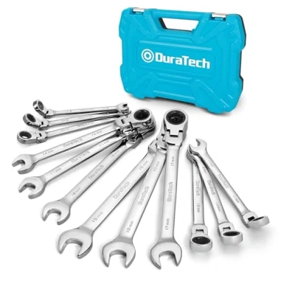 Imagen de DURATECH Juego de llaves carraca con cabeza flexible 12 piezas, 72 dientes, sistema métrico, 8 19 mm, acero al cromo níquel, organizadas en maletín almacenamiento