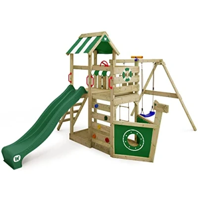 Imagen de WICKEY Parque Infantil de Madera SeaFlyer con Columpio y tobogán Verde, Casa Juegos jardín arenero Escalera para niños