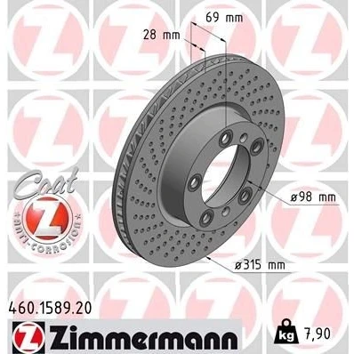 Imagen de ZIMMERMANN COAT Z 460.1589.20 Disco de freno 315 28 7/5 5 130 ventilación interna, avellanado revestido PORSCHE: Cayman, Boxster