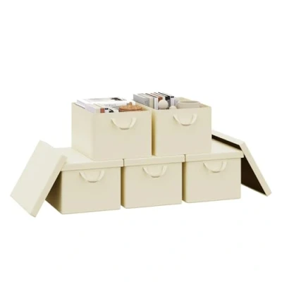 Imagen de WOLTU Cajas de Almacenaje con Tapa, Juego 5 Plegables, Organizadoras Asas, Tela, Cestas Resistentes para Ropa y Juguetes, Crema, 43x26x33 cm, ABB03cm