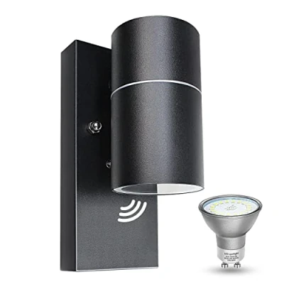 Imagen de Wondlumi Aplique Pared Exterior/Interior Led con Sensor Crepuscular,1x5W GU10 IP44 Blanco Cálido 3000K 500LM,Lámpara Moderno Negro para Terraza Balcón