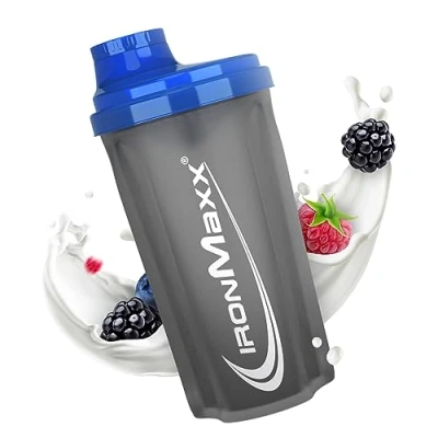Imagen de IronMaxx Protein Shaker Azul /Gris 700ml Mezclador de proteínas con tapa rosca, tamiz &amp; escala medición a prueba fugas, apto para lavavajillas y sin plastificantes BPA ni DEHP