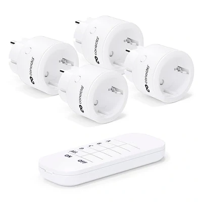Imagen de conecto® Juego de enchufes inalámbricos: 4 inalámbricos y 1 control remoto, uso en interiores, 2300 vatios, diseño compacto, blanco