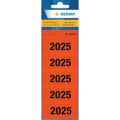 Imagen de HERMA 1685 pegatinas de números anuales 2025 para carpetas, 100 unidades, 60 x 26 mm, 5 por hoja, autoadhesivas, opacas, etiquetas texto, mate, adhesivas papel, rojas