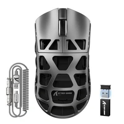 Imagen de ATTACK SHARK R3PRO 46g Superlight Ratón de Aleación Magnesio, 8000Hz Sondeo inalámbrico, 26000DPI Ultraligero Mouse, Sensor PixArt PAW3395, Cableado/2,4G/BT, con Cable en Espiral, PC/Mac, Gris