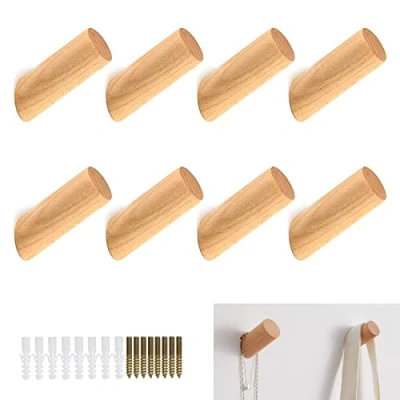 Imagen de 8 Ganchos de Pared Madera, Barril para Abrigos Entrada, Colgar Bolsas Ropa Sombreros Bufandas en el Dormitorio Sala Estar Pasillo