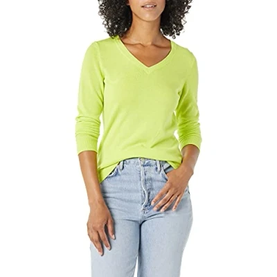 Imagen de Amazon Essentials Jersey de Cuello en V, Manga Larga, Ligero y Ajuste Clásico (Disponible Tallas Grandes) Mujer, Amarillo Neón, XS