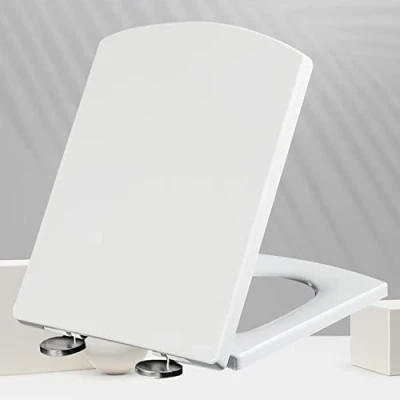 Imagen de asiento de inodoro blanco cierre suave, resistente, antibacteriano, tapa forma cuadrada, para baño, con bisagras ajustables acero inoxidable, blanco, 37 x 47 cm