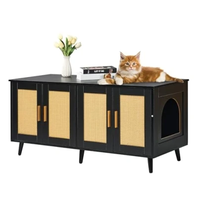 Imagen de VEVOR Muebles de Baño Oculto para 2 Gatos 1,19 x 0,5 0,55 m Casa Inodoro con Puertas Decoradas Ratán Armario Madera Ocultar Las Cajas Arena Gatos, Negro
